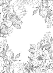 Wall Mural - Floral frame. Greeting card design. Composition from botanical elements. Flowers and leaves in line art style.