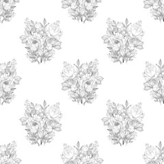 Wall Mural - Line art flowers seamless pattern. Composition of botanical elements for fabric, wallpapper and surface design.