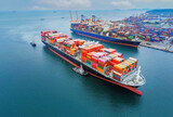 cargo ship and truck at seaport waiting for container dock crane shipment harbor loading container import and export commercial trade business logistic and transportation international.