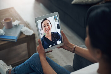 Poster - Im happy to see you again. Shot of an unrecognizable person on a videocall with a doctor.