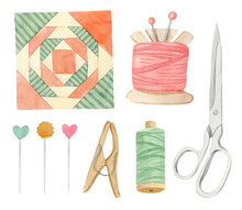 Hand Painted Watercolor Illustration - Quilting Accessories.