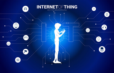 Poster - Silhouette of Businessman use mobile phone standing with CPU processor on center of IoT icon. Concept for internet of Things Technology.