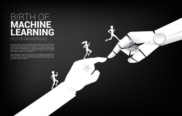 Poster - Silhouette of Businessman running on Robot hand touch with human hand. concept birth of a.i. learning machine era.