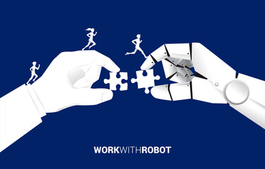Poster - Businessman and businesswoman running on businessman and robot hand put jigsaw piece to fit together. business concept of solution and working with machine learning.