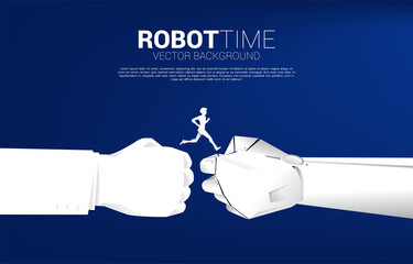 Poster - Silhouette of Businessman running on Robot and human hand ready to make fist bump. Background concept for technology and machine learning disruption.