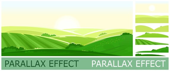 Wall Mural - sunny rural landscape. image from layers for overlay with parallax effect. green grassy hills, farm 