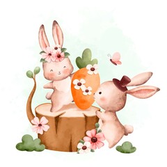 Watercolor Illustration Spring Rabbit and carrot in the garden