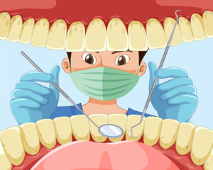 Sticker - Dentist holding instruments examining patient teeth inside human mouth