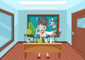 Wall Mural - classroom scene with scientist doing experiment