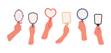 Set Diverse Hands Holding Differently Shaped Mirrors.Cartoon Illustration