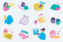 Sweet Home Cute Stickers Set In Flat Cartoon Design. Bundle Of Woman Reading Book, Armchair, Coffee, Blanket, Sweater, Teapot, Cupcake And Other. Vector Illustration For Planner Or Organizer Template