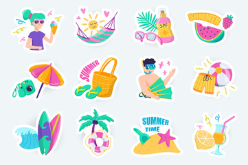 Wall Mural - Summer time cute stickers set in flat cartoon design. Bundle of woman with ice cream, hammock, watermelon, umbrella, surfing, diving and other. Vector illustration for planner or organizer template