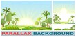 Beautiful countryside in the tropics. Set for parallax effect. Vegetable garden hills and meadows. Morning sunrise. Palm trees and nice summer weather. Funny cartoon style. Green countryside landscape