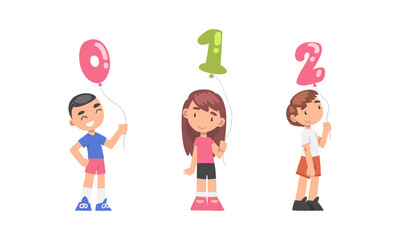 Wall Mural - Cute kids holding 0,1,2 number shaped balloons cartoon vector illustration