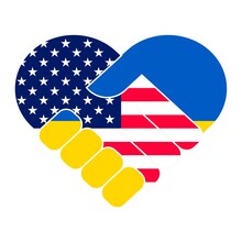 Handshake Symbol In The Colors Of The National Flags Of USA And Ukraine, Forming A Heart. The Concept Of Peace, Friendship.