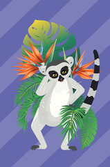 Canvas Print - Lemur with tropical plants