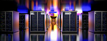 Servers. Servers Room Data Center. Backup, Mining, Hosting, Mainframe, Farm And Computer Rack With Storage Information. 3d Rendering