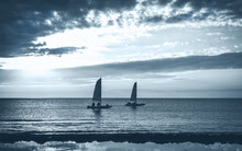 Two Sailboats In Sunset Sea, Monochrome