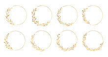 Gold Circle Frame, Elegant Wreath Round Border. Hand Drawn Doodle Sketch Style. Floral Circle Frame, Flourish Design Element For Wedding, Greeting Card. Vector Illustration.
