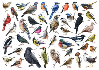 various forest birds watercolor illustration big set. hand drawn realistic bird collection with name