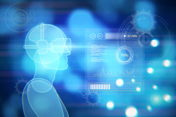 Aufkleber - Abstract blue guy or robot outline with VR glasses on blurry bokeh backdrop with charts and various icons. Virtual reality and metaverse concept. 3D Rendering.