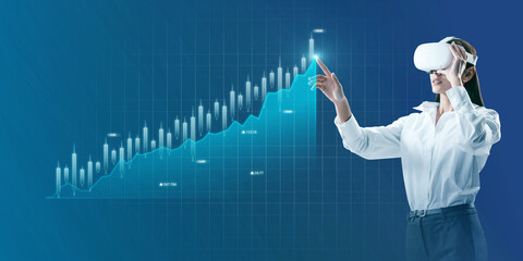 Aufkleber - Attractive young businesswoman with vr glasses and abstract glowing business chart on blue background. Trade, augmented reality, ai, finance and economy concept.