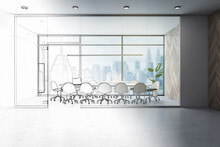 Hand Drawn Sketch Of Modern Concrete And Wooden, Glass Conference Room Interior With Window And Blurry City View, Furniture And Equipment. Design And Refurbishment Concept. 3D Rendering.