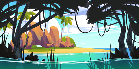 Wall Mural - Island in ocean, uninhabited secret pirate isle with beach, palm trees, jungle lianas and rocks at sea under cloudy sky. Tropical landscape, empty land, game background, Cartoon vector illustration