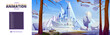 Winter landscape with castle on hill, snow and ice peaks. Vector parallax background ready for 2d animation with cartoon illustration of fairy tale kingdom with royal palace with towers
