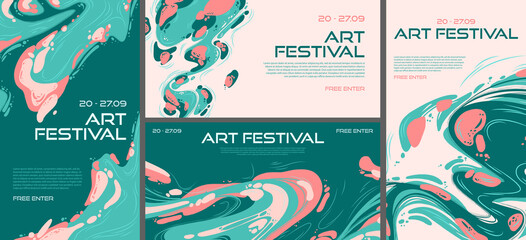 Wall Mural - Art festival abstract posters or flyers, invitation to exhibition or exposition. Creative backgrounds with modern painting design in art deco style with colorful stains and flow splashes, Vector set