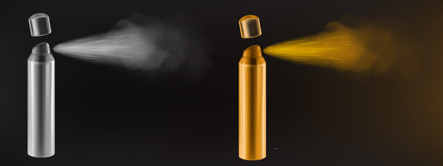 Wall Mural - spray, mist splash from aerosol bottle. vector realistic illustration of 3d silver and gold atomizer