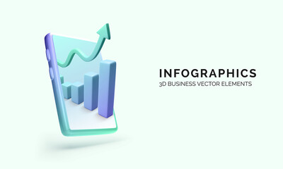 Poster - 3D mobile phone with arrow up and graph. Manage money use mobile phone or application. Financial investment trade. Bank deposit and finance profit or investment