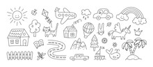 Children Drawings Set. Kids Doodle. Sand Island And Palm Trees. Hand Drawn Road With Car And Cute House. Smiling Sun And Rainbow. Plane Flies. Editable Stroke. Vector Illustration On White Background.
