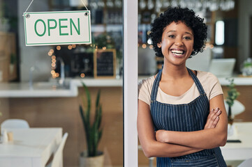 Aufkleber - Dream big and start small - but most of all, start. Portrait of a young woman standing alongside an open sign in a cafe.