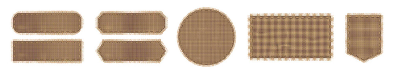 jute cloth patches, labels with burlap fabric texture. vector illustration of textile tags different