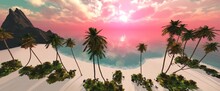 Beach With Palm Trees At Sunset, At Sunset, Ocean, Sea Sunset, 3D Rendering