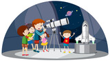 Fototapeta Miasto - Astronomy theme with kids looking at telescope