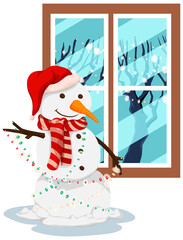 Wall Mural - Snowman with lights by the window