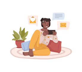Aufkleber - Child with smartphones playing or watching videos, communication online. Vector flat cartoon character using gadget, preteen girl looking at screen, texting and sharing posts in social media