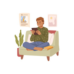 Aufkleber - Boy posting posts in social media, communication and social network in web. Vector flat cartoon character, preteen kid with portable tablet gadget playing and looking at images of followers