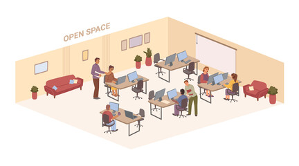 Wall Mural - Interior planning area of open space, isolated office with comfortable furniture for workers. Vector plan of floor, decoration and whiteboard for presentation and creative ideas writing