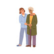 © Sensvector - Care and assistance for senior people, isolated nurse helping elderly woman with walking stick. Vector flat cartoon character in nursing home or hospital. Therapy and treatment for old lady
