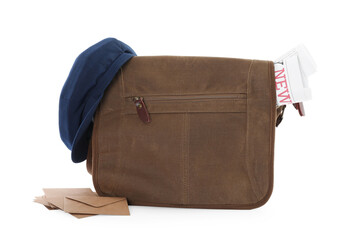 Brown postman's bag with newspapers, hat and envelopes on white background