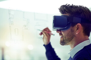 Poster - Bringing his plans to life. Shot of a businessman wearing a VR headset while drawing on a glass wall in an office.