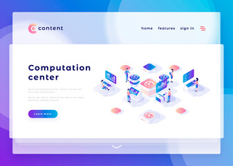 Computation center office people and interact with computers. Landing page template. 3d isometric vector illustration.
