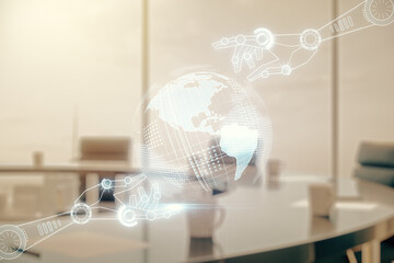 Aufkleber - Abstract virtual robotics technology sketch with globe on a modern boardroom background, future technology and AI concept. Double exposure