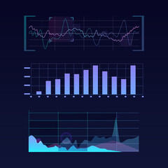 Poster - Graphics and sound waves in equalizers, hud interface and infocharts with information. Vector illustration, recording and tuning, visual presentation of data and electronic statistics