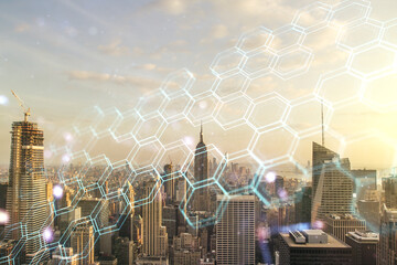 Poster - Abstract virtual wireless technology hologram with hexagon on New York city skyline background. Big data and database concept. Multiexposure