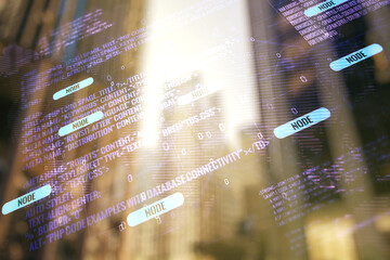 Poster - Multi exposure of abstract software development hologram and world map on modern skyscrapers background, global research and analytics concept