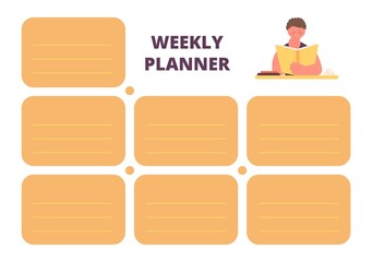 Canvas Print - School weekly planner. Page for planning week for kids and adults with empty stickers. Cute cartoon boy reading book. Vector organizer template for print